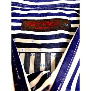 ETRO 44 Men's Strip Dot Dress Shirt VGUC Navy White Made in Italy 100% Cotton